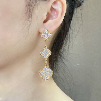 [LumiVibe]CLOVER 3 MOTIFS DIAMOND PAVED ROSE GOLD EARRINGS