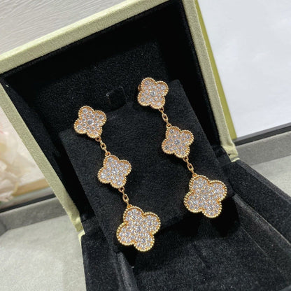 [LumiVibe]CLOVER 3 MOTIFS DIAMOND PAVED ROSE GOLD EARRINGS