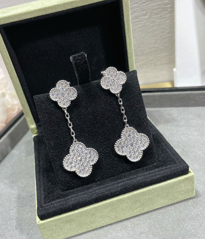 [LumiVibe]CLOVER 2 MOTIFS DIAMOND PAVED SILVER EARRINGS