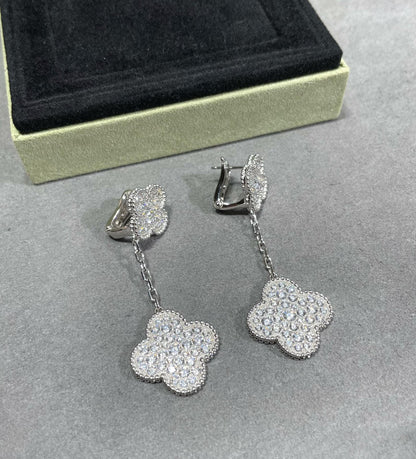 [LumiVibe]CLOVER 2 MOTIFS DIAMOND PAVED SILVER EARRINGS