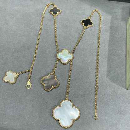 [LumiVibe]CLOVER 6 MOTIF MOP ONYX GOLD NECKLACE