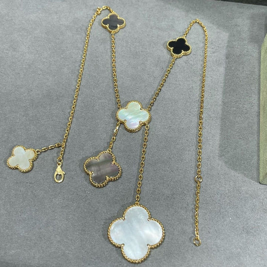 [LumiVibe]CLOVER 6 MOTIF MOP ONYX GOLD NECKLACE