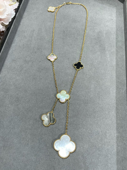 [LumiVibe]CLOVER 6 MOTIF MOP ONYX GOLD NECKLACE