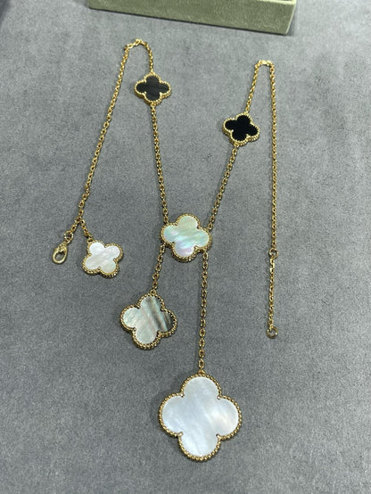 [LumiVibe]CLOVER 6 MOTIF MOP ONYX GOLD NECKLACE
