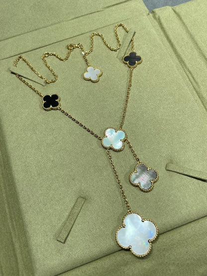 [LumiVibe]CLOVER 6 MOTIF MOP ONYX GOLD NECKLACE