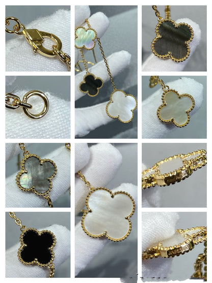 [LumiVibe]CLOVER 6 MOTIF MOP ONYX GOLD NECKLACE