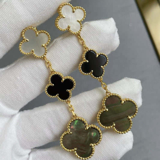 [LumiVibe]CLOVER 3 MOTIF MOP ONYX DARK MOP PINK GOLD EARRINGS