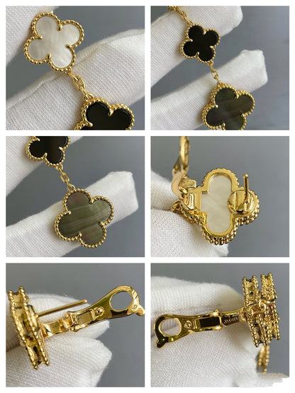[LumiVibe]CLOVER 3 MOTIF MOP ONYX DARK MOP PINK GOLD EARRINGS