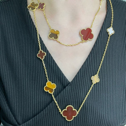 [LumiVibe]CLOVER 16 MOTIF CARNELIAN TIGER EYE ROSE GOLD NECKLACE