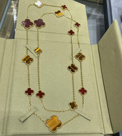 [LumiVibe]CLOVER 16 MOTIF CARNELIAN TIGER EYE ROSE GOLD NECKLACE