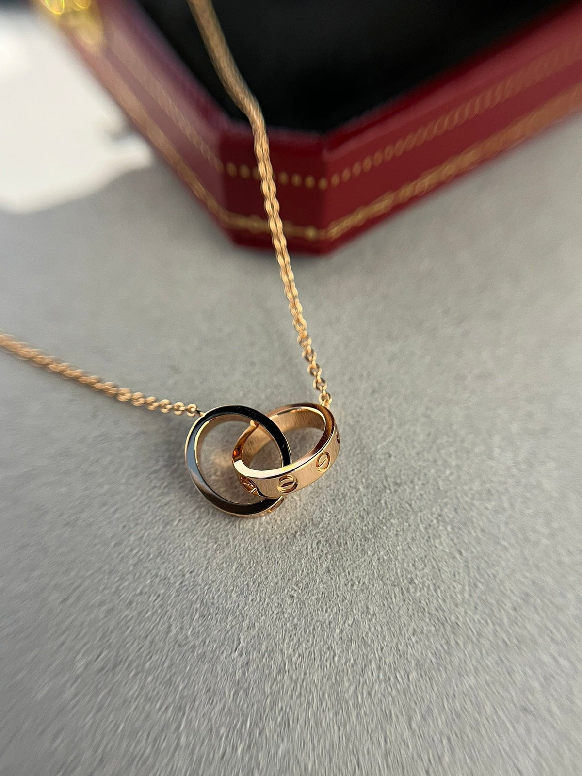 [LumiVibe]LOVE NECKLACE DOUBLE RING PINK GOLD