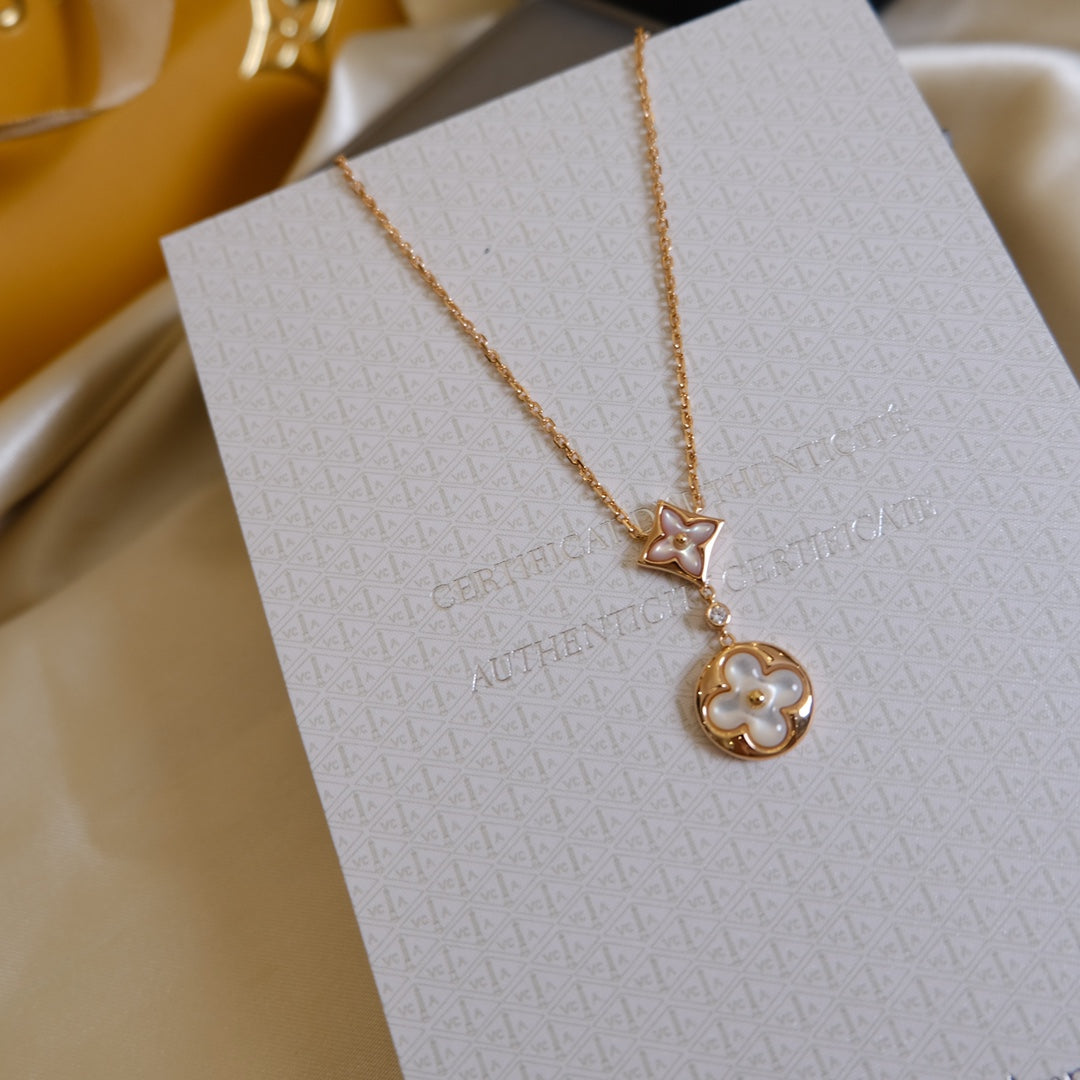 [LumiVibe]STAR AND SUN WHITE MOP 2 MOTIF PINK GOLD NECKLACE