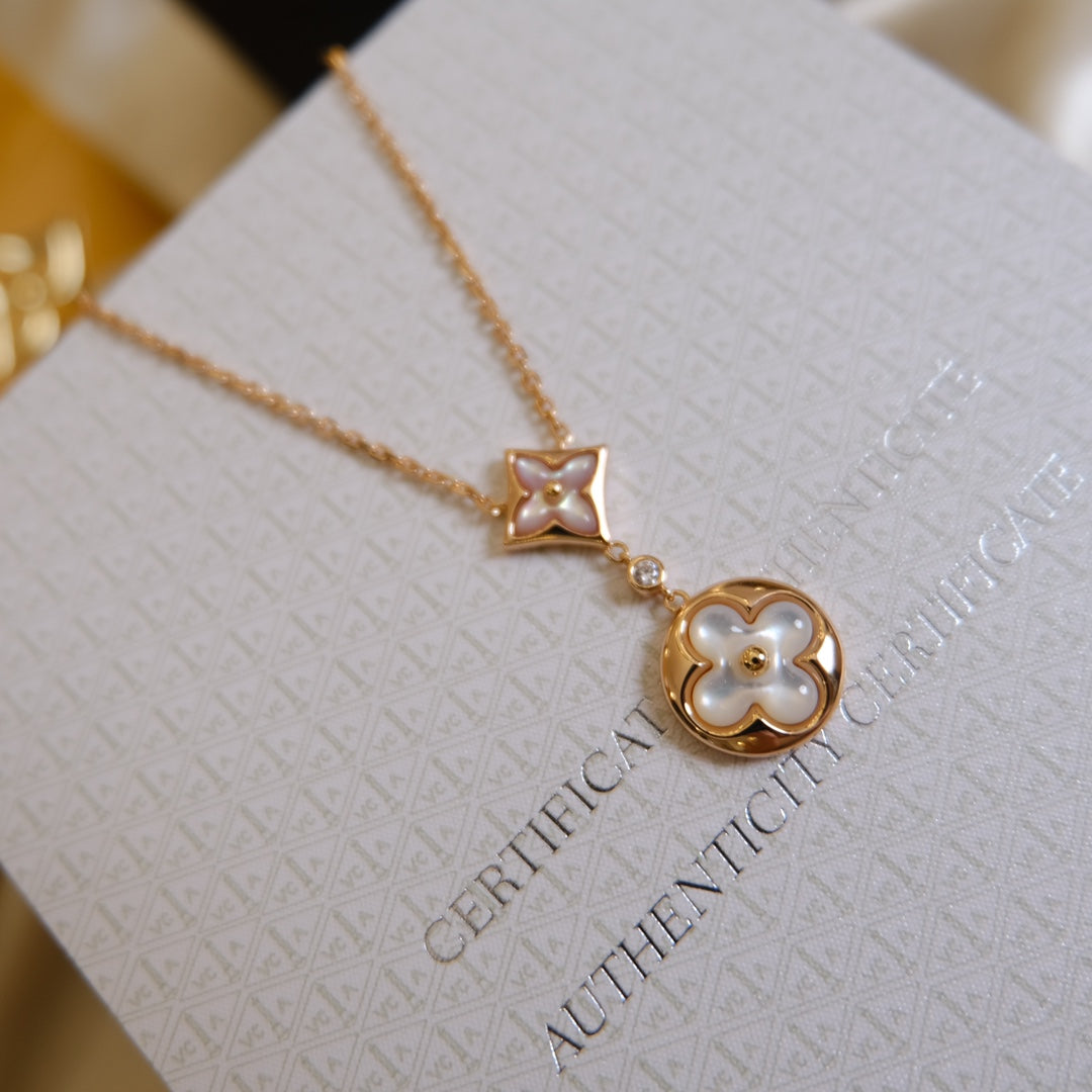[LumiVibe]STAR AND SUN WHITE MOP 2 MOTIF PINK GOLD NECKLACE