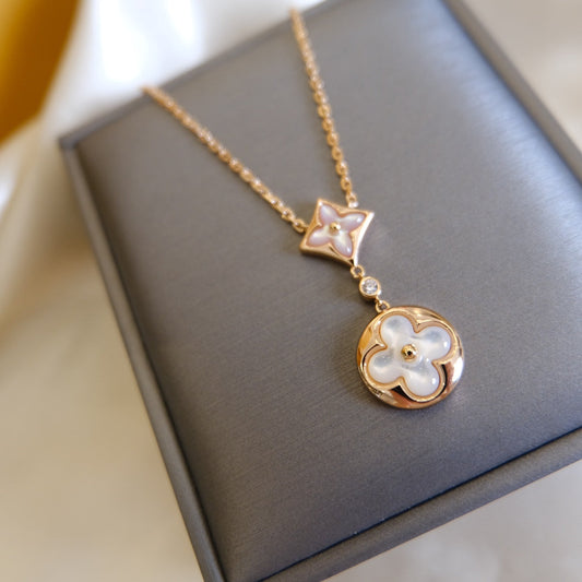 [LumiVibe]STAR AND SUN WHITE MOP 2 MOTIF PINK GOLD NECKLACE