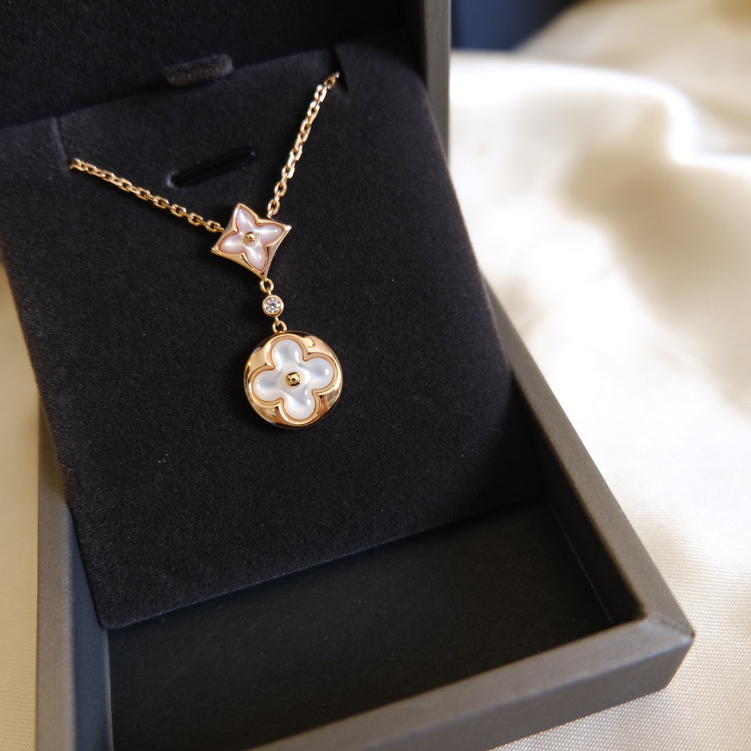 [LumiVibe]STAR AND SUN WHITE MOP 2 MOTIF PINK GOLD NECKLACE