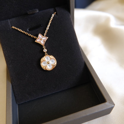 [LumiVibe]STAR AND SUN WHITE MOP 2 MOTIF PINK GOLD NECKLACE