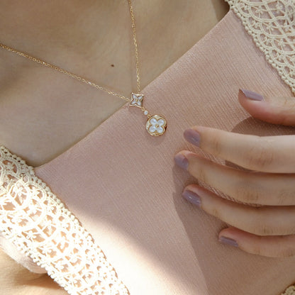 [LumiVibe]STAR AND SUN WHITE MOP 2 MOTIF PINK GOLD NECKLACE