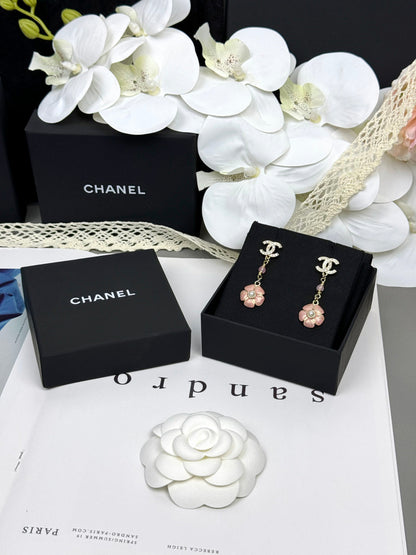 [LumiVibe]26C Pink Camellia Enamel Pendant with Double C Earrings