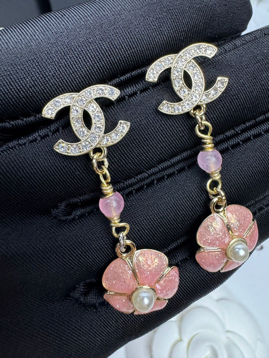 [LumiVibe]26C Pink Camellia Enamel Pendant with Double C Earrings