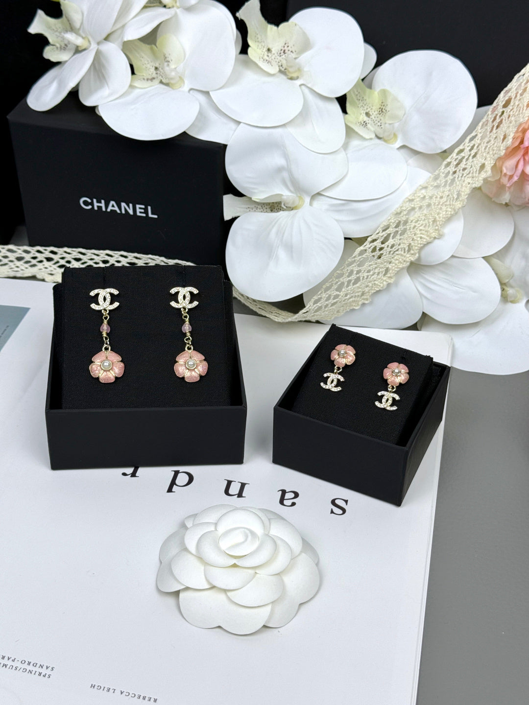 [LumiVibe]26C Pink Camellia Enamel Pendant with Double C Earrings