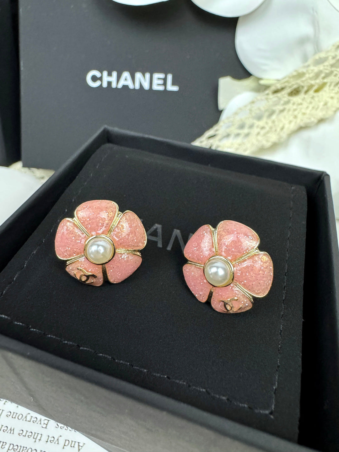 [LumiVibe]26C Pink Camellia Pearl Enamel Stud Earrings