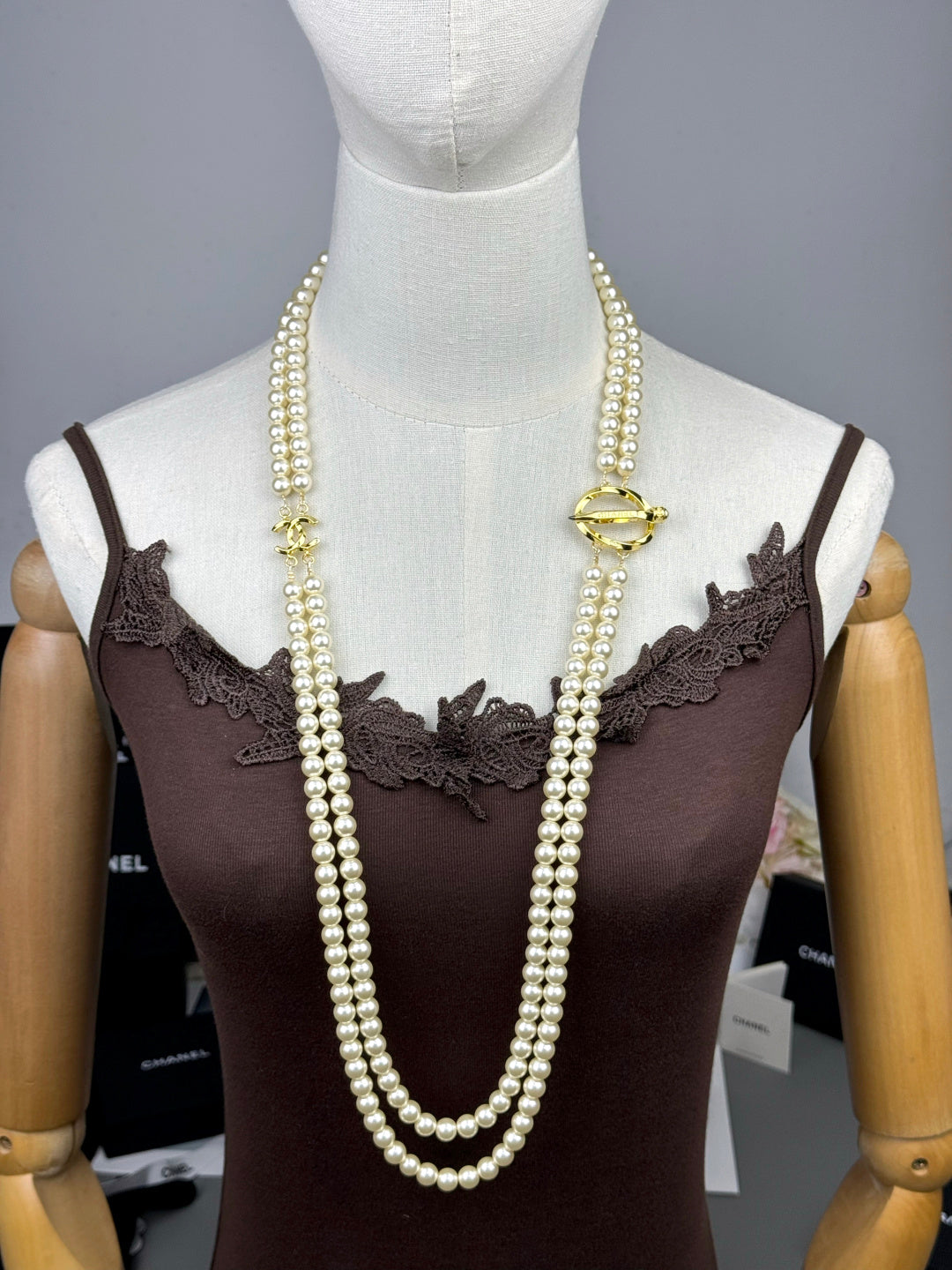 [LumiVibe]25K Pencil Double C Double-Layer Pearl Sweater Chain