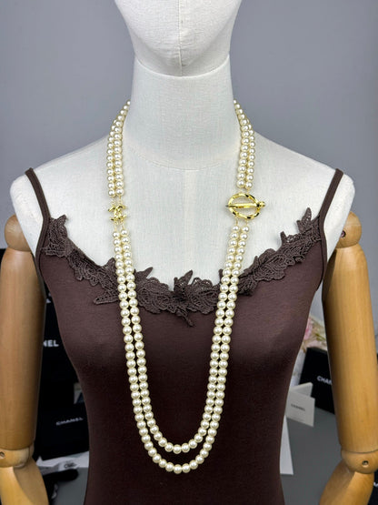 [LumiVibe]25K Pencil Double C Double-Layer Pearl Sweater Chain