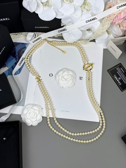 [LumiVibe]25K Pencil Double C Double-Layer Pearl Sweater Chain