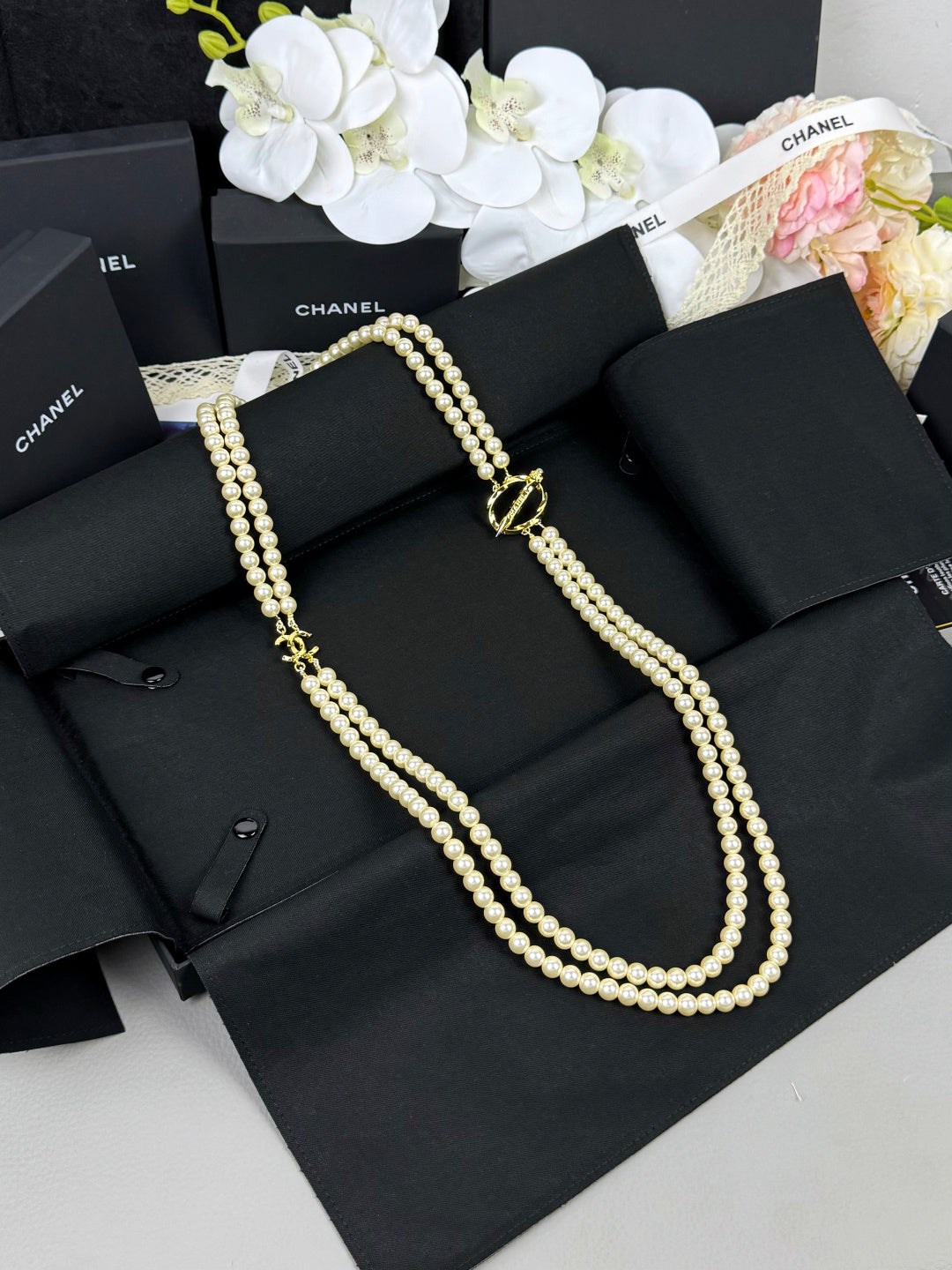 [LumiVibe]25K Pencil Double C Double-Layer Pearl Sweater Chain