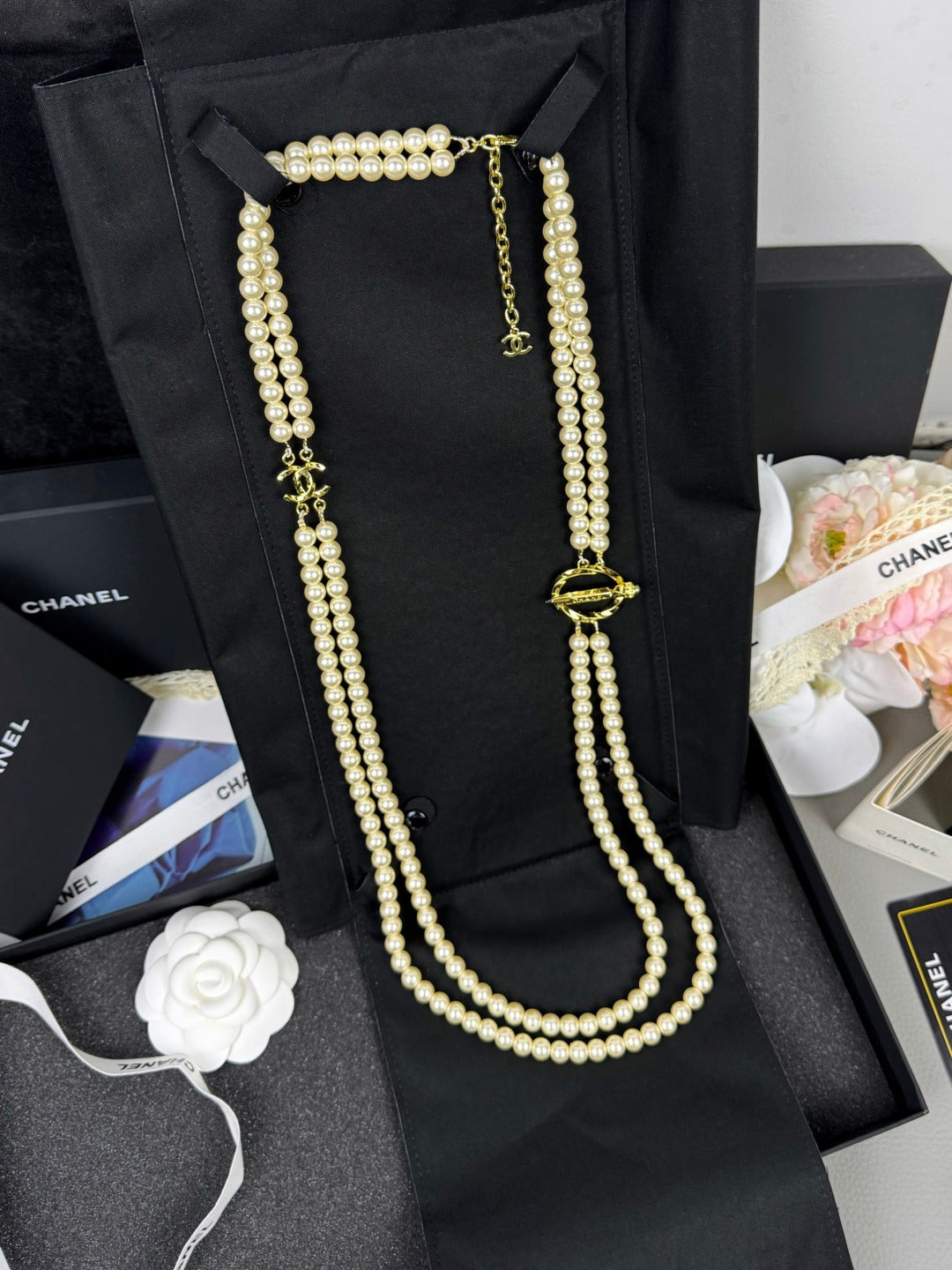 [LumiVibe]25K Pencil Double C Double-Layer Pearl Sweater Chain