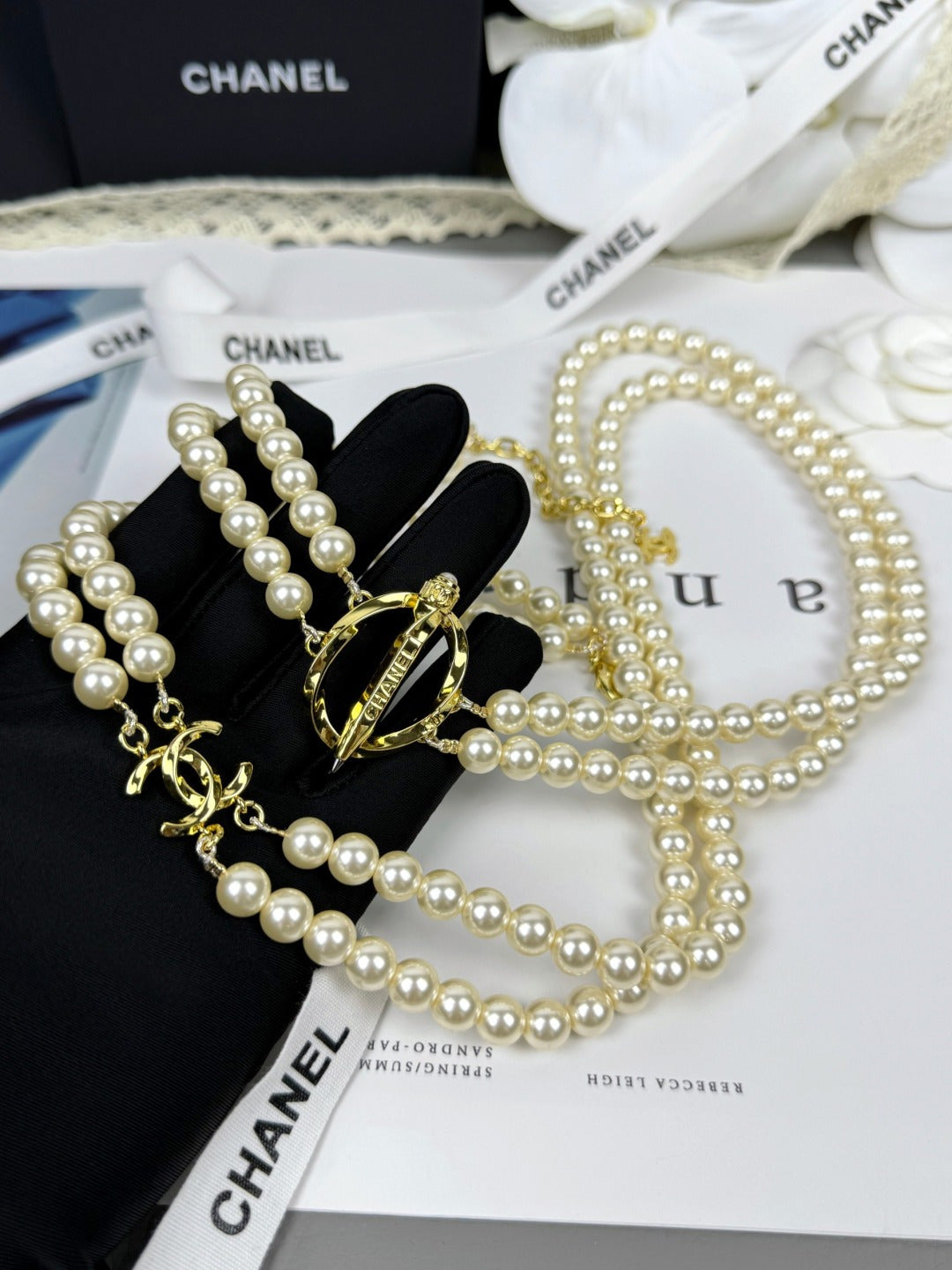 [LumiVibe]25K Pencil Double C Double-Layer Pearl Sweater Chain