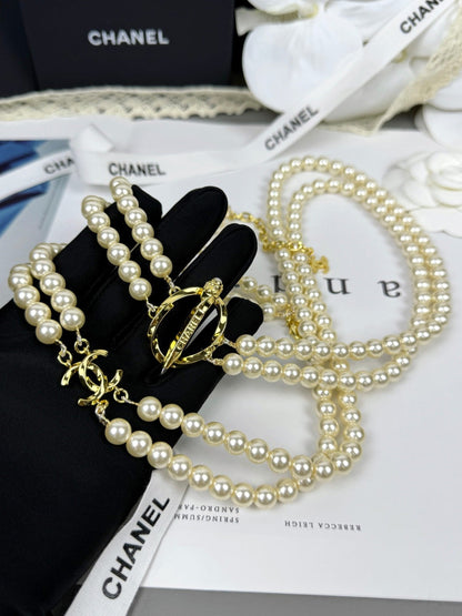 [LumiVibe]25K Pencil Double C Double-Layer Pearl Sweater Chain