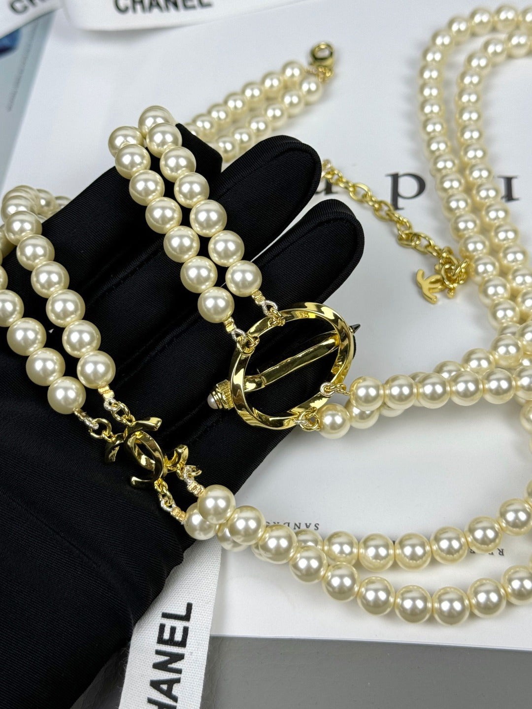 [LumiVibe]25K Pencil Double C Double-Layer Pearl Sweater Chain