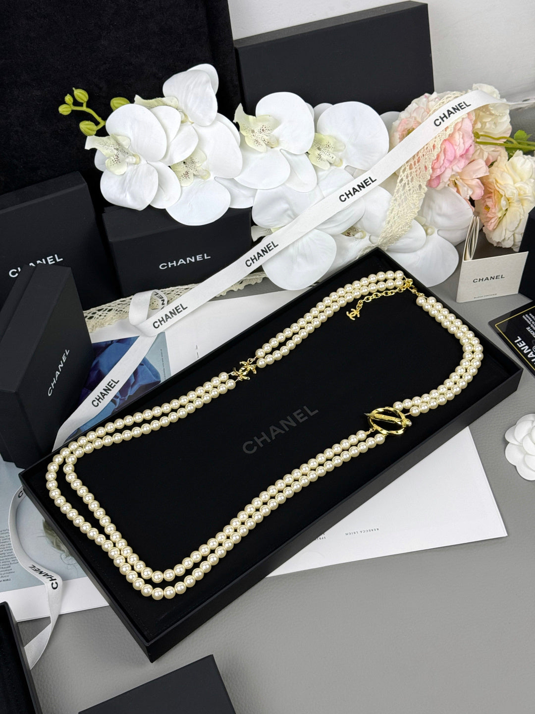 [LumiVibe]25K Pencil Double C Double-Layer Pearl Sweater Chain