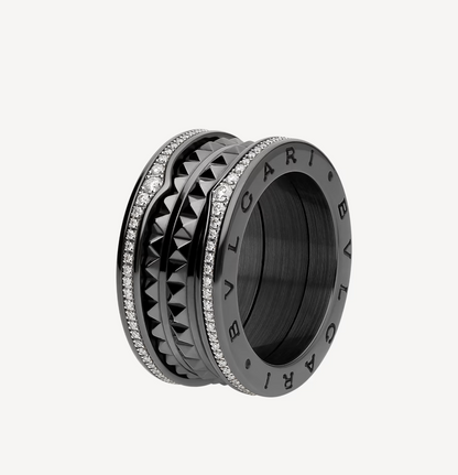 [LumiVibe]ZERO 1 ROCK FOUR-BAND BLACK CERAMIC WITH STUDDED SPIRAL AND PAVED DIAMONDS RING