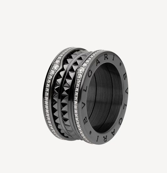 [LumiVibe]ZERO 1 ROCK FOUR-BAND BLACK CERAMIC WITH STUDDED SPIRAL AND PAVED DIAMONDS RING