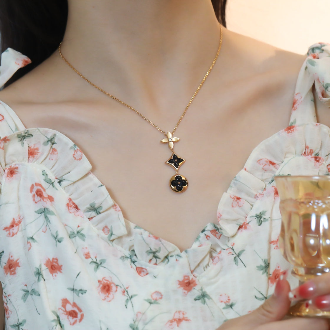 [LumiVibe]STAR AND SUN ONYX PINK GOLD NECKLACE