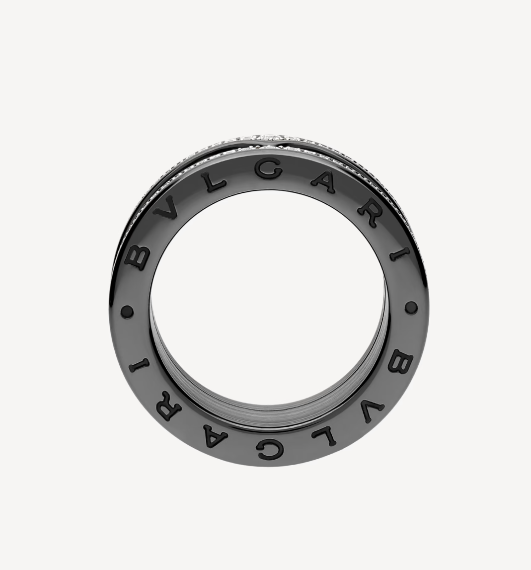[LumiVibe]ZERO 1 ROCK FOUR-BAND BLACK CERAMIC WITH STUDDED SPIRAL AND PAVED DIAMONDS RING