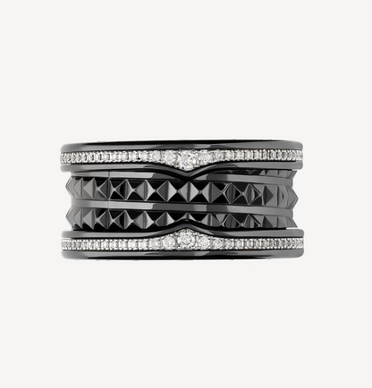 [LumiVibe]ZERO 1 ROCK FOUR-BAND BLACK CERAMIC WITH STUDDED SPIRAL AND PAVED DIAMONDS RING