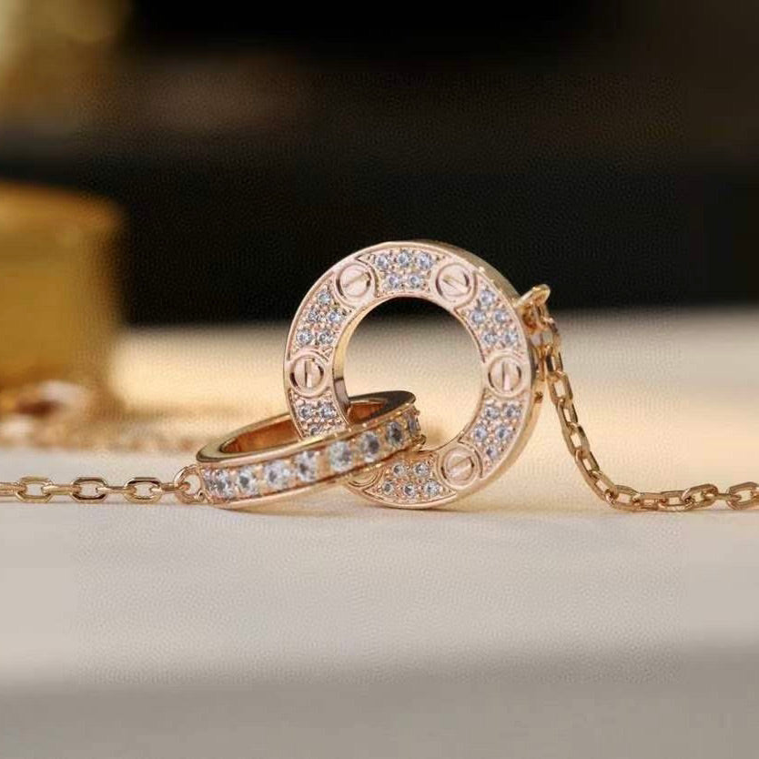 [LumiVibe]LOVE 7.6MM NECKLACE ROSE GOLD AND SILVER  FULL DIAMOND