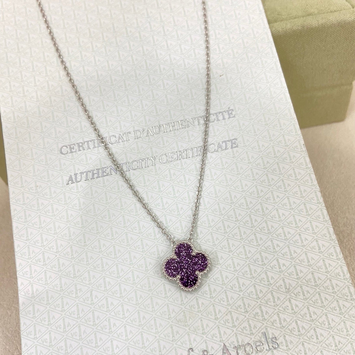 [Lumivibe Jewelry]NEW 15MM PURPLE SAND-GOLD FOUR-LEAF CLOVER NECKLACE