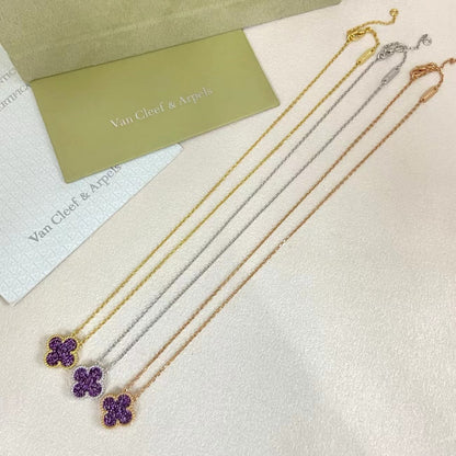 [Lumivibe Jewelry]NEW 15MM PURPLE SAND-GOLD FOUR-LEAF CLOVER NECKLACE