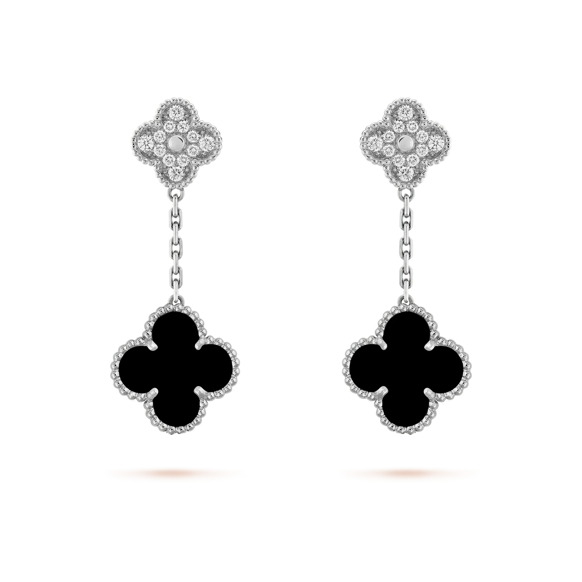 [LumiVibe]CLOVER 2 MOTIFS  DIAMOND ONYX EARRINGS SILVER
