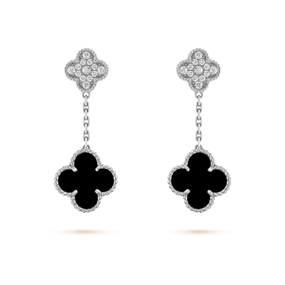 [LumiVibe]CLOVER 2 MOTIFS  DIAMOND ONYX EARRINGS SILVER