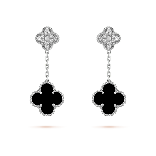 [LumiVibe]CLOVER 2 MOTIFS  DIAMOND ONYX EARRINGS SILVER