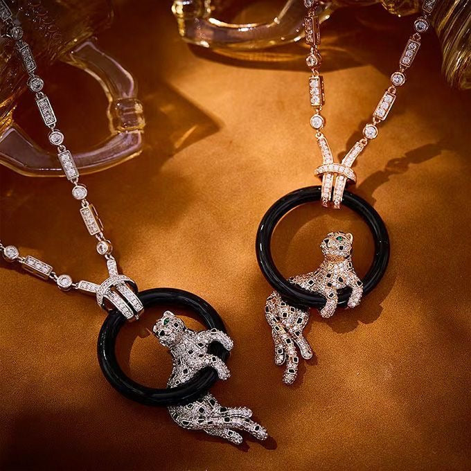 [LumiVibe jewelrys]NEW BLACK CIRCLE PANTHER FULL DIAMOND NECKLACE
