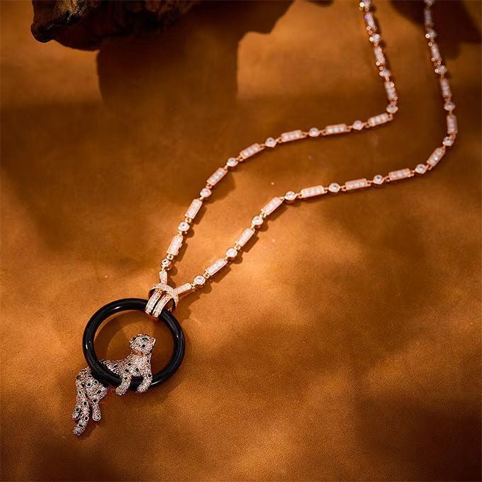 [LumiVibe jewelrys]NEW BLACK CIRCLE PANTHER FULL DIAMOND NECKLACE