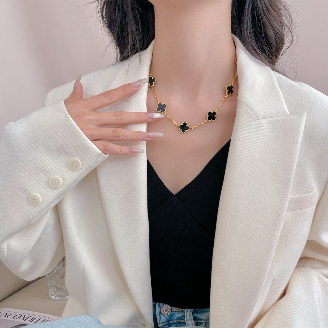 [LumiVibe]CLOVER 10 MOTIFS ONYX NECKLACE
