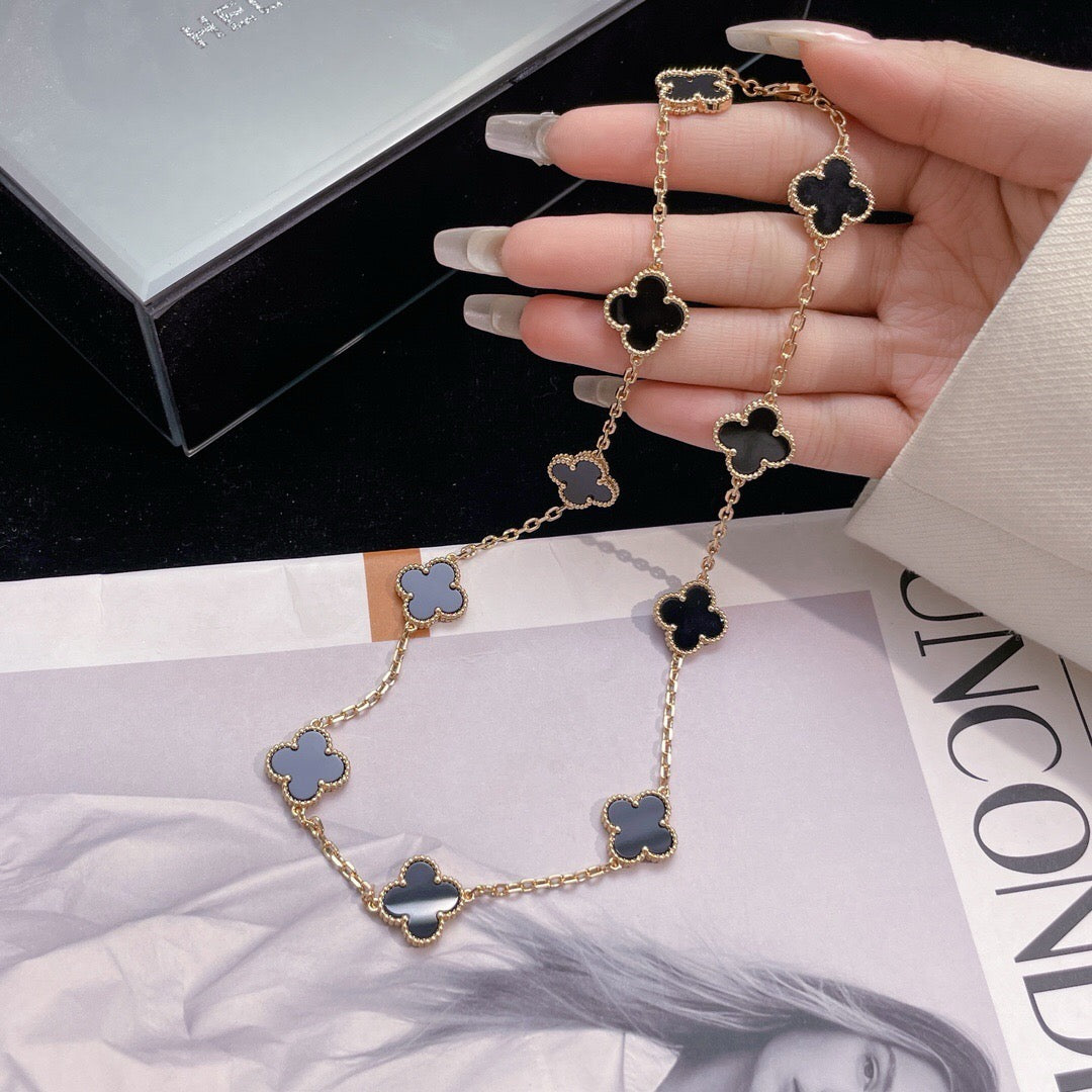 [LumiVibe]CLOVER 10 MOTIFS ONYX NECKLACE