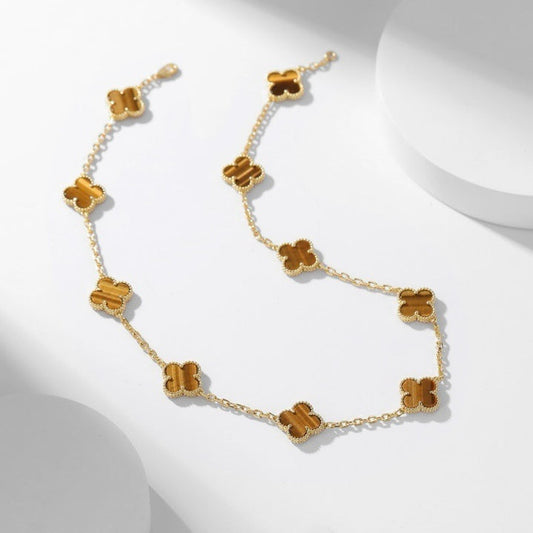 [LumiVibe]CLOVER 10 MOTIFS TIGER EYE NECKLACE
